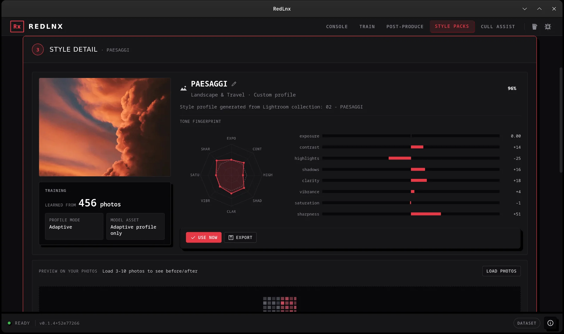 RedLnx Style Pack: tone fingerprint radar chart with per-slider deltas, training context, and preview slot.