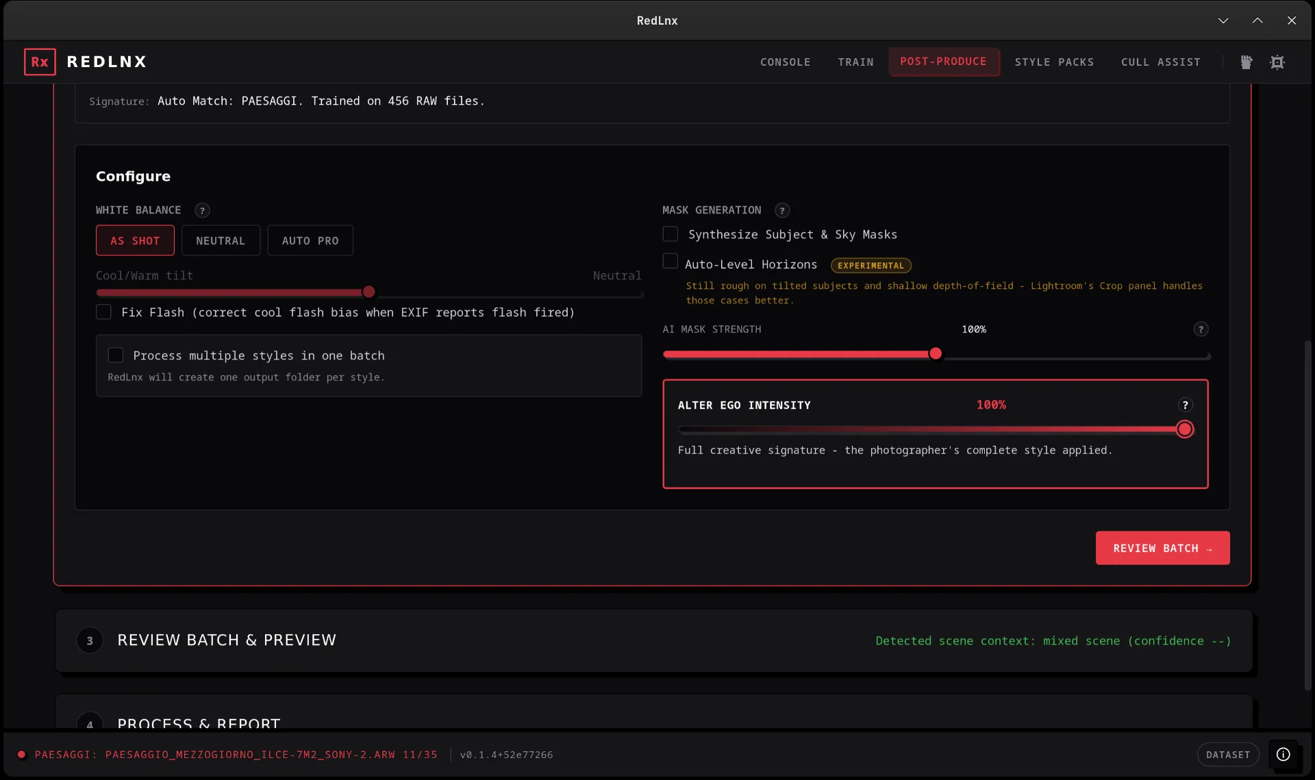 RedLnx Post-Produce: configure white balance policy, mask generation, and Alter Ego style intensity.