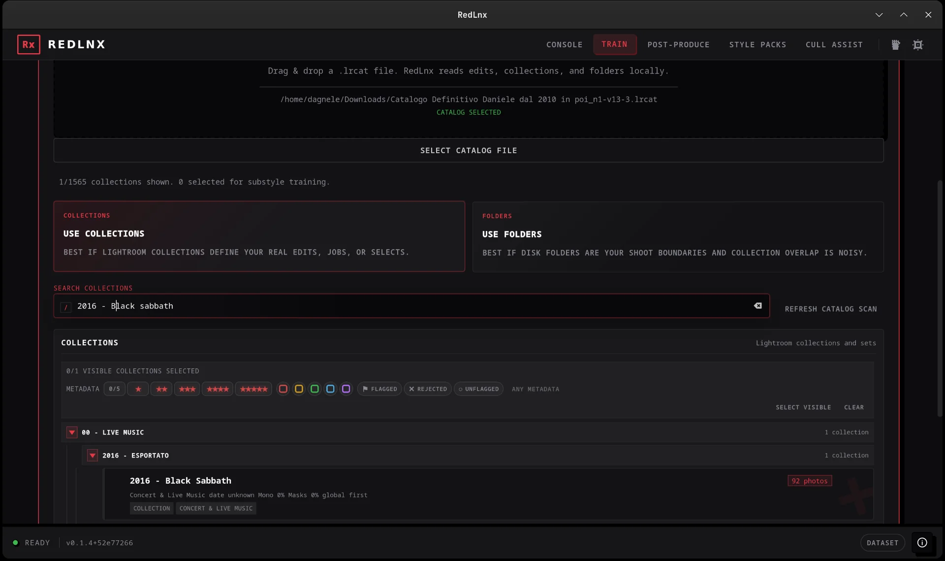 RedLnx Train: drag-and-drop Lightroom .lrcat file, search across collections, select for style training.
