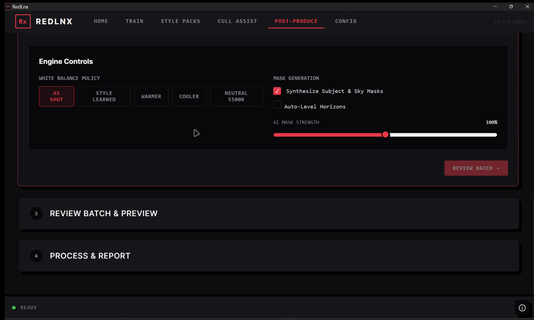 RedLnx preview and batch interface showing develop deltas and multi-style output.