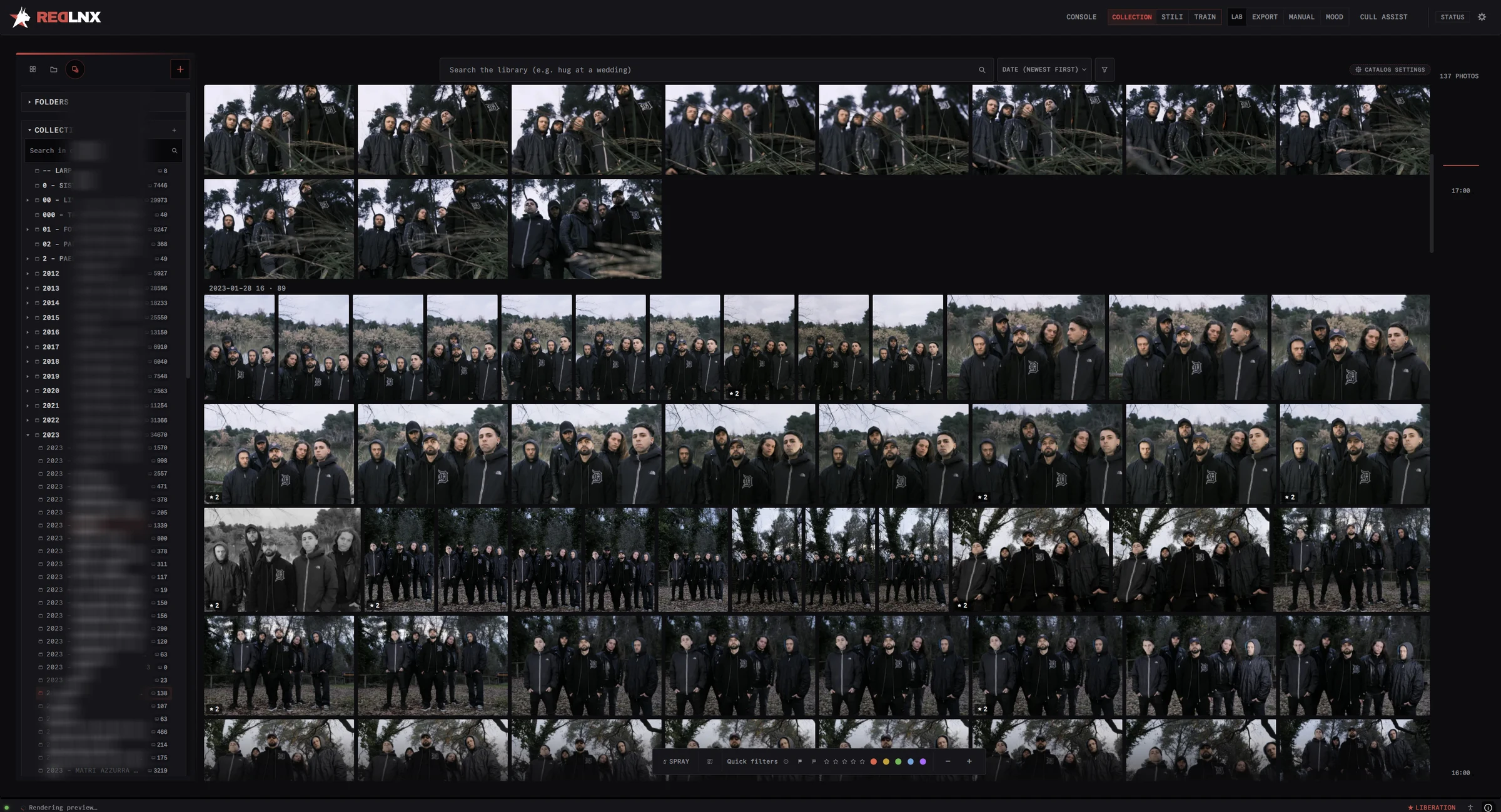 RedLnx Collection showing a full shoot organized in a thumbnail grid with folders and collections in the sidebar