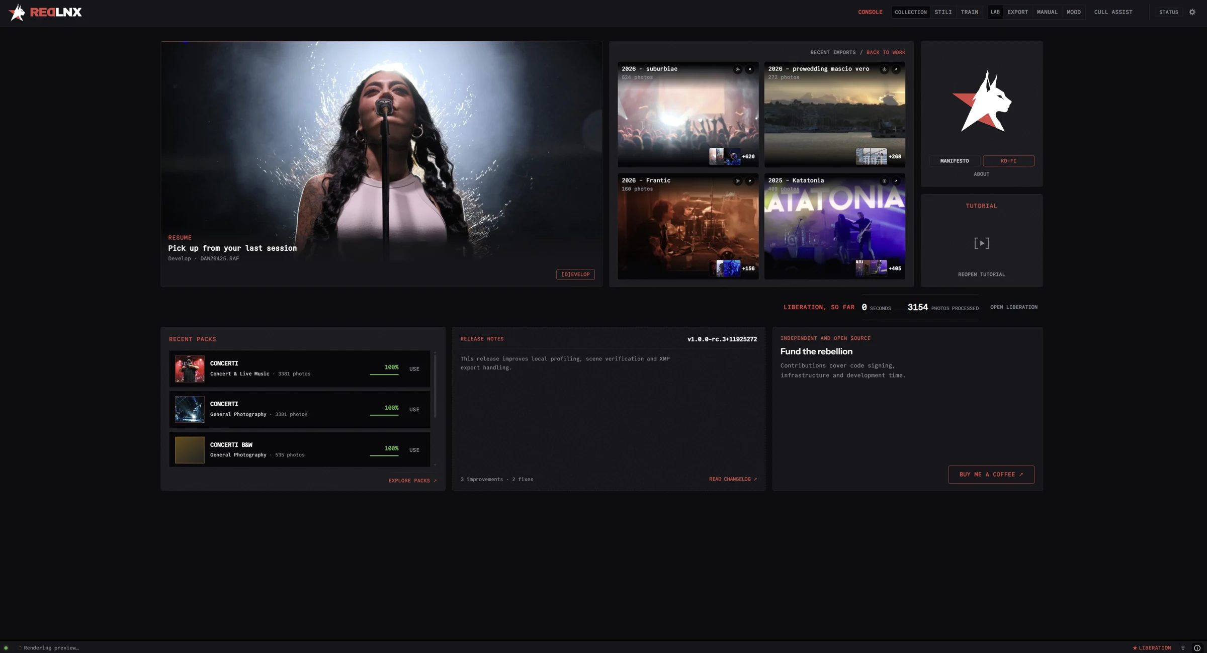 RedLnx Console home screen with recent photographs, workspace shortcuts and activity